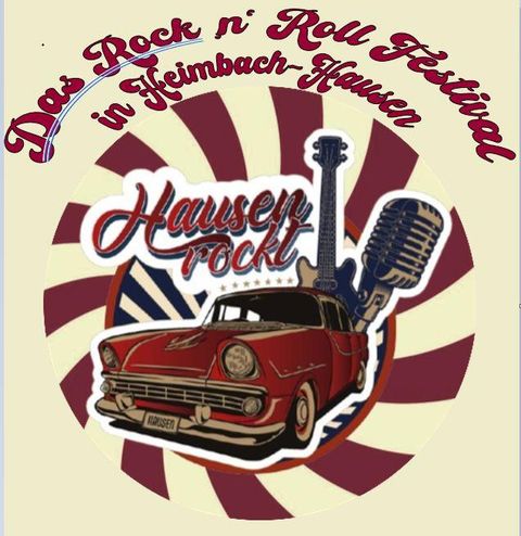 Ein bunte Illustration für das Rock n' Roll Festival in Heimbach-Hausen. Ein rotes Auto und ein Mikrofon sind prominent dargestellt.