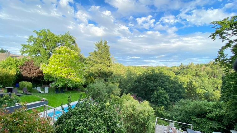 Ein schöner Garten mit einem Pool, umgeben von üppigem Grün. Der Himmel ist teilweise bewölkt und die Atmosphäre ist entspannt.
