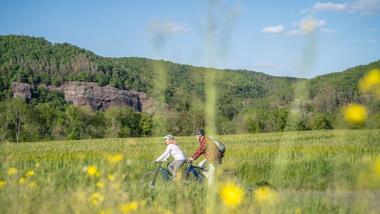 Radtour auf dem RurUfer-Radweg im Rurtal mit Buntsandsteinfelsen