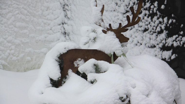 Eine verschneite Landschaft mit einem dekorativen Rentier aus Metall, das teilweise im Schnee versteckt ist. Der Hintergrund zeigt eine schneebedeckte Umgebung.