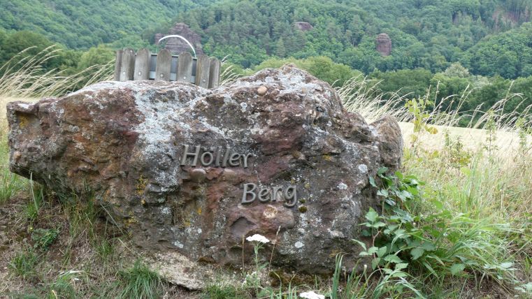 Ein großer, moosbedeckter Stein mit der Aufschrift "Holler Berg" steht in einer grünen, bewaldeten Landschaft. Im Hintergrund sieht man sanfte Hügel und eine üppige Vegetation.