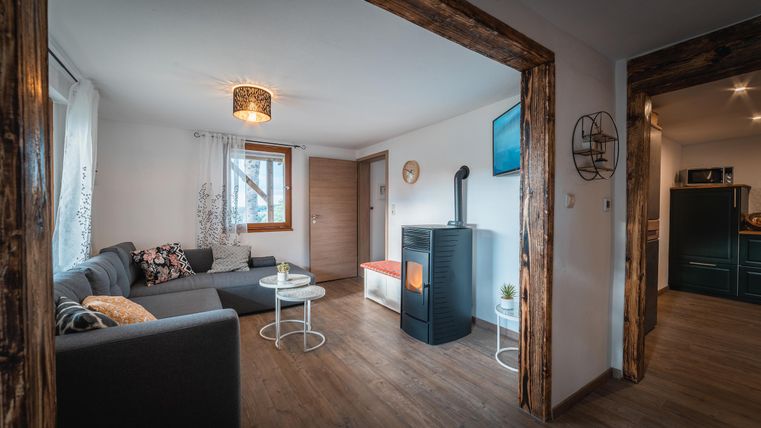 Ein gemütliches Wohnzimmer mit einer grauen Couch und einem Kamin. Es gibt einen kleinen Tisch und natürliche Holzdetails an den Wänden.
