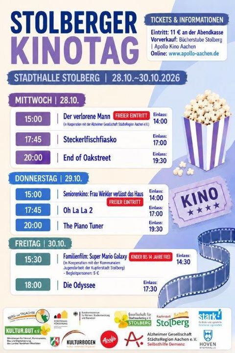 Ein Veranstaltungsplakat für die Stolberger Kinotage. Es enthält Informationen über Filme, Zeiten und Eintrittspreise.
