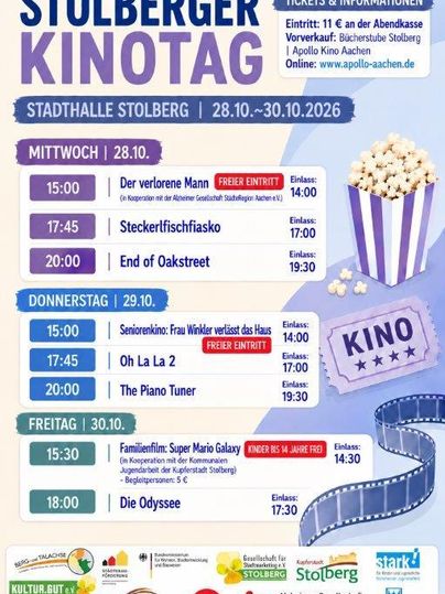 Ein Veranstaltungsplakat für die Stolberger Kinotage. Es enthält Informationen über Filme, Zeiten und Eintrittspreise.