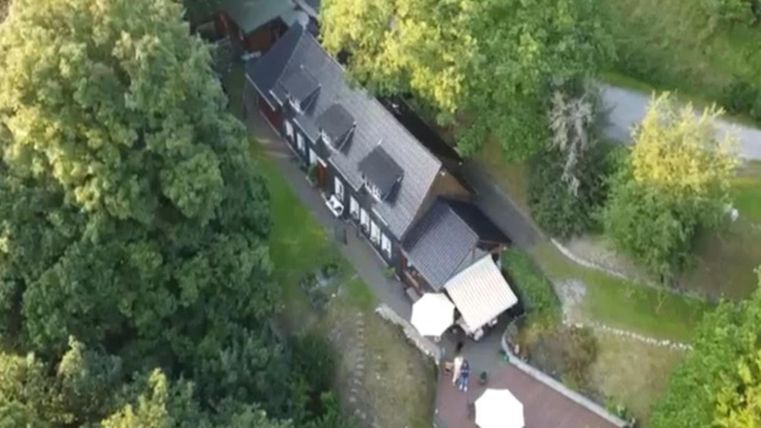 Ein idyllisches Haus umgeben von Bäumen mit einem gemütlichen Außenbereich. Mehrere Personen sitzen unter Sonnenschirmen auf der Terrasse.