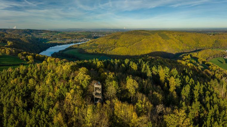 Eine beeindruckende Aussicht auf grüne Hügel und einen Fluss. Inmitten der Bäume steht ein Aussichtsturm.