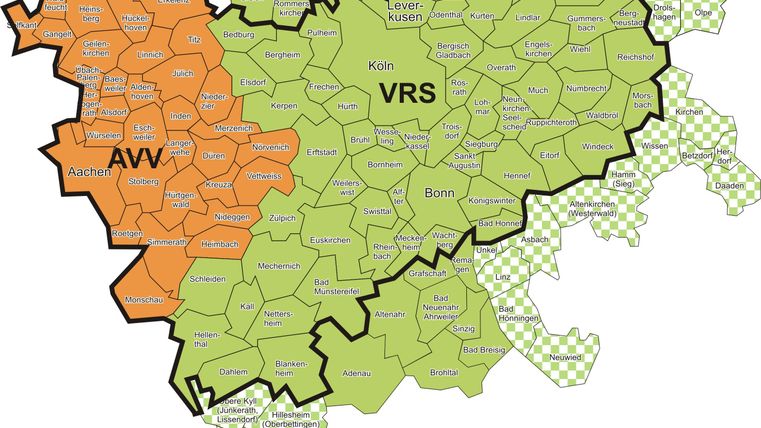 Eine Karte zeigt das Gebiet des VRS-Netzes in Grün und das AVV-Netz in Orange. Die beiden Bereiche sind durch eine schwarze Linie voneinander getrennt.