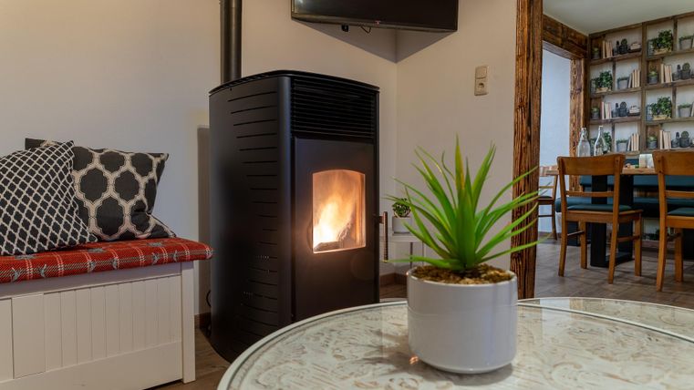 Ein gemütlicher Raum mit einem modernen Kamin, der einladende Wärme ausstrahlt. Auf dem Tisch steht eine Pflanze in einem weißen Topf, während im Hintergrund ein Esstisch sichtbar ist.
