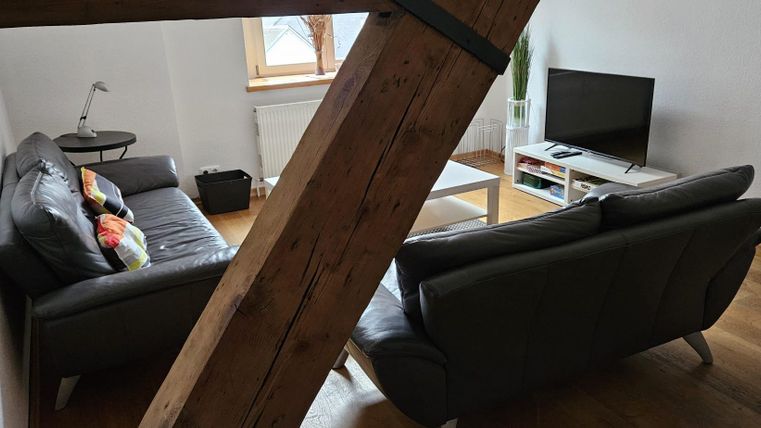 Ein gemütliches Wohnzimmer mit zwei Sofas und einem Fernseher. Der Raum hat Holzböden und einen großen Fensterblick.