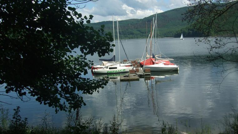 Eine ruhige Seenlandschaft mit mehreren Booten im Wasser. Die umgebende Natur ist grün und der Himmel ist teilweise bewölkt.