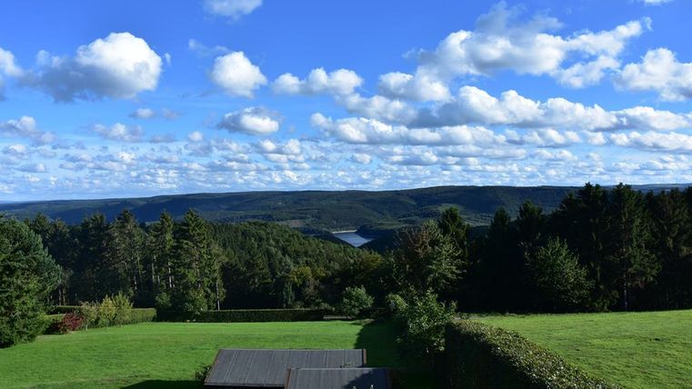 Eine malerische Landschaft mit grünen Wiesen und Bäumen. Der Himmel ist blau, und weiße Wolken schweben darüber.