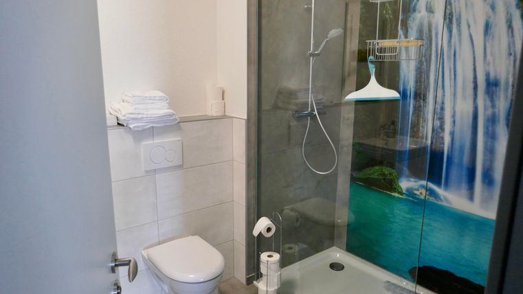 Ein modernes Badezimmer mit einer Dusche und einem WC. An der Wand ist ein schöner Wasserfall abgebildet, der eine beruhigende Atmosphäre schafft.