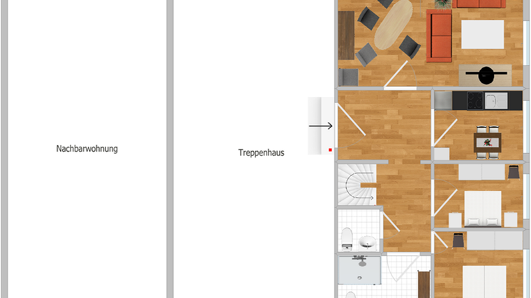Eine schematische Darstellung einer Wohnung mit verschiedenen Räumen. Auf der linken Seite befindet sich ein Nachbarraum und auf der rechten Seite der Zugang zum Treppenhaus.