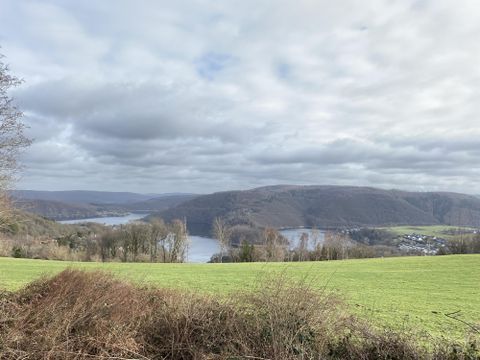 Eine malerische Landschaft mit sanften Hügeln und einem ruhigen See. Der Himmel ist bewölkt, aber die grüne Wiese strahlt Frische aus.