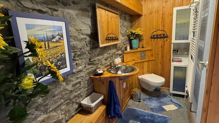 Ein gemütliches Badezimmer mit Holzvertäfelung und Steinwänden. Es ist mit einer modernen Toilette, einem Waschtisch und dekorativen Pflanzen ausgestattet.