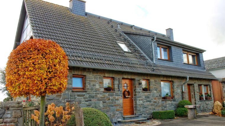 Ein modernes Haus aus Stein mit einem grauen Dach. Vor dem Haus steht ein dekorativer Baum und gepflegte Sträucher.