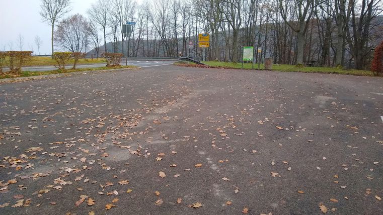 Ein leerer Parkplatz mit abgefallenen Blättern und kahlen Bäumen im Hintergrund. Der Himmel ist bewölkt und es ist eine ruhige Atmosphäre.