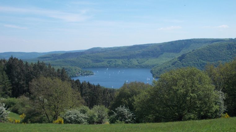 Ein malerischer See umgeben von grünen Hügeln und Bäumen. Der Himmel ist klar und blau, ideal für Outdoor-Aktivitäten.