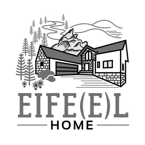 Eine stilisierte Zeichnung eines modernen Hauses in einer bergigen Landschaft. Umgeben von Bäumen und Bergen, strahlt es eine gemütliche Atmosphäre aus.