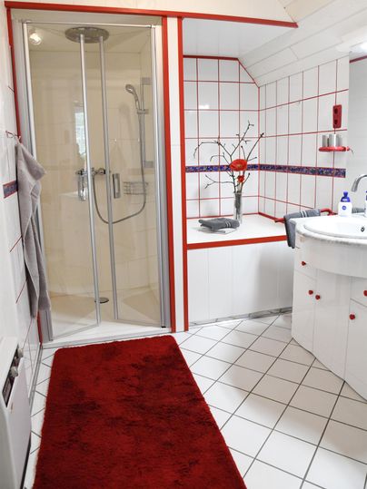Ein modernes Badezimmer mit einer Dusche und einem Waschbecken. Rot-weiße Fliesen und ein roter Teppich schaffen eine einladende Atmosphäre.