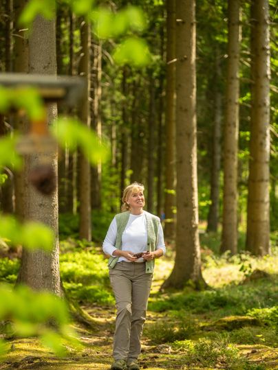 Eine Frau spaziert durch einen ruhigen Wald mit hohen Bäumen. Die Sonne scheint durch das Blattwerk und schafft eine angenehme Atmosphäre.