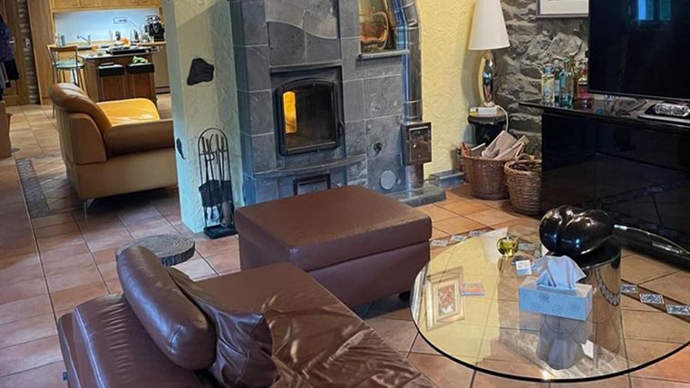 Ein gemütlicher Wohnraum mit einer braunen Couch und einem Glastisch. Im Hintergrund ist ein Holzofen und eine offene Küche zu sehen.