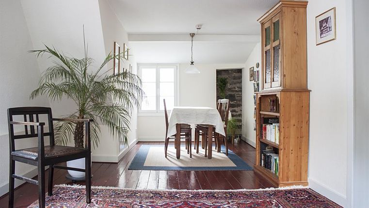 Ein heller, einladender Essbereich mit einem Tisch und Stühlen. Eine große Pflanze und ein Bücherregal verleihen dem Raum eine gemütliche Atmosphäre.