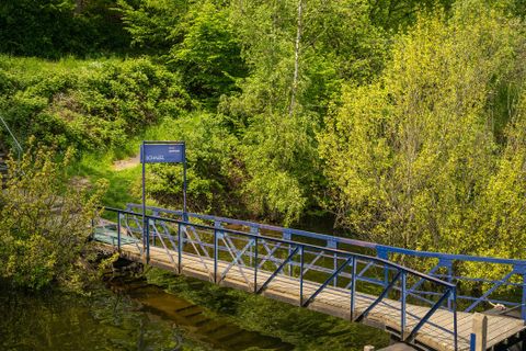 Eine schmale, blaue Fußgängerbrücke führt über einen ruhigen Fluss. Umgeben von üppigem Grün und Bäumen vermittelt die Szene eine friedliche Atmosphäre.
