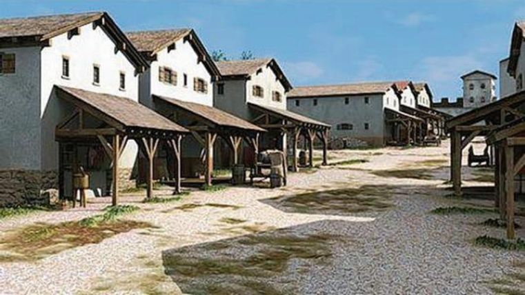 Eine historische Siedlung mit mehreren Gebäuden und einem gepflasterten Weg. Die Architektur ist einfach und rustikal, umgeben von einer natürlichen Landschaft.