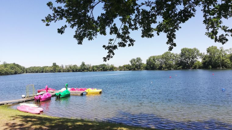 Ein ruhiger See mit bunten Booten am Ufer. Im Hintergrund blühen grüne Bäume unter einem klaren blauen Himmel.