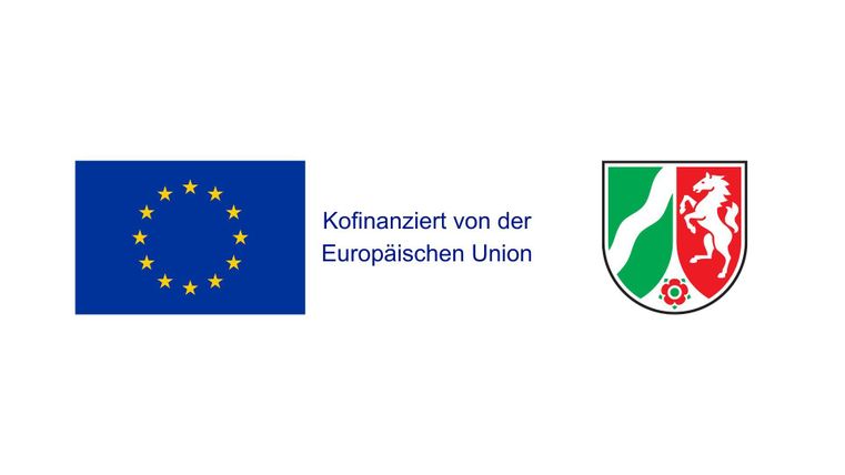 Das Bild zeigt die Flagge der Europäischen Union und das Wappen von Nordrhein-Westfalen. Darunter steht der Text "Kofinanziert von der Europäischen Union".