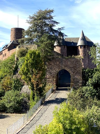 Eine alte Burg umgeben von Bäumen und Sträuchern. Der Eingang zur Burg ist durch einen Torbogen sichtbar.