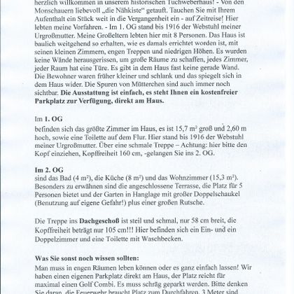 Ein Informationsblatt über ein Ferienhaus, das Gäste willkommen heißt. Es beschreibt die Zimmer, Ausstattungen und Regeln für den Aufenthalt.