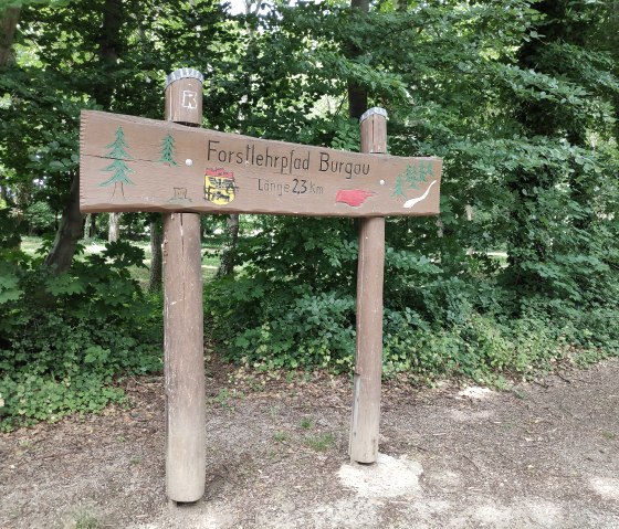 Signpost to the forest nature trail in the forest of Burgau Castle., &copy; Sophia Eckerle | Kreis D&uuml;ren