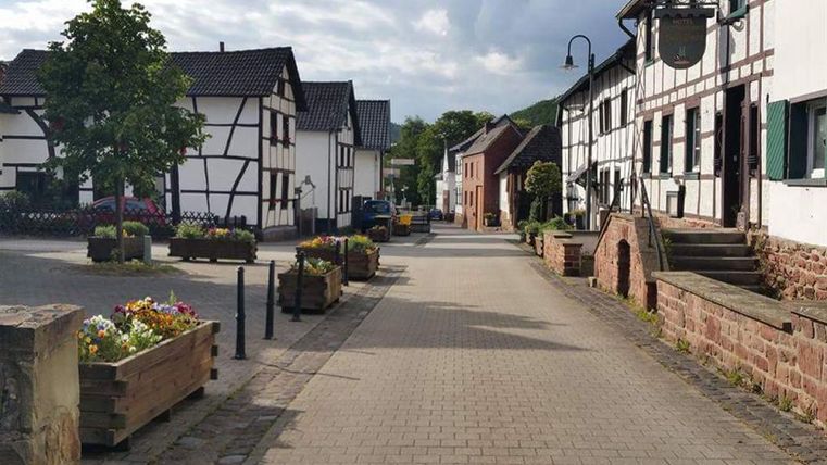 Ein malerischer Dorfweg mit Fachwerkhäusern und bunten Blumenrabatten. Die Straße ist von Bäumen gesäumt und lädt zu einem gemütlichen Spaziergang ein.