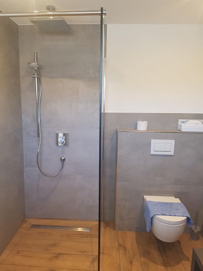 Ein modernes Badezimmer mit einer Duschkabine und einer Toilette. Die Wände sind in neutralen Grautönen gehalten und der Boden ist aus Holz.