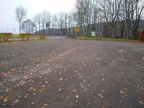 Ein leerer Parkplatz mit abgefallenen Blättern und kahlen Bäumen im Hintergrund. Der Himmel ist bewölkt und es ist eine ruhige Atmosphäre.