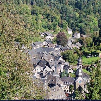 Ein malerisches Dorf mit traditionellen Häusern und einer Kirche inmitten von Bäumen. Die grüne Landschaft umrahmt die charmante Szene.