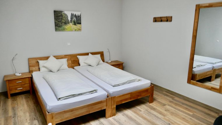 Ein modernes Schlafzimmer mit zwei Einzelbetten und Holz-Möbeln. Die Wände sind neutral, und ein Spiegel sowie ein Landschaftsbild verleihen dem Raum Gemütlichkeit.