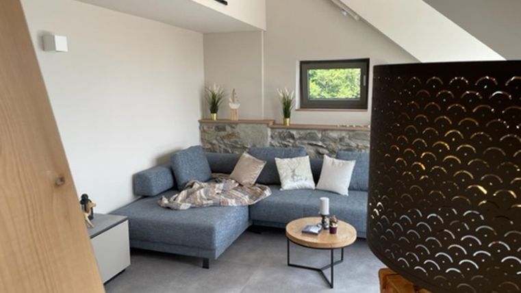 Ein modernes Wohnzimmer mit einem grauen Sofa und einem runden Tisch. Die Einrichtung ist hell und freundlich gestaltet, mit Pflanzen und Holzakzenten.