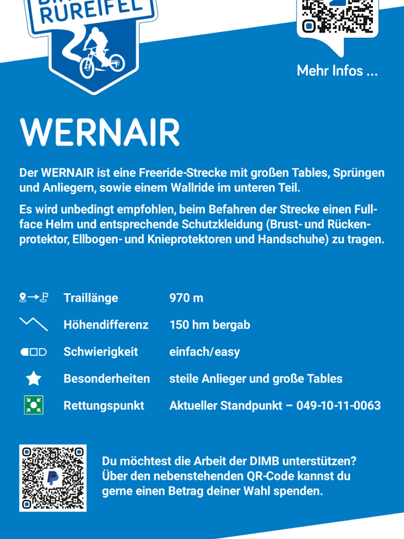 Ein Informationsblatt über die Freeride-Strecke WERNAIR im Bikepark Rureifel. Es beschreibt die Strecke, die Sicherheitsanforderungen und bietet Kontaktinformationen.