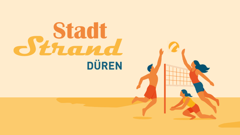 Eine Illustration von drei Personen, die Beachvolleyball am Strand spielen. Der Text "Stadt Strand Düren" ist ebenfalls prominent zu sehen.