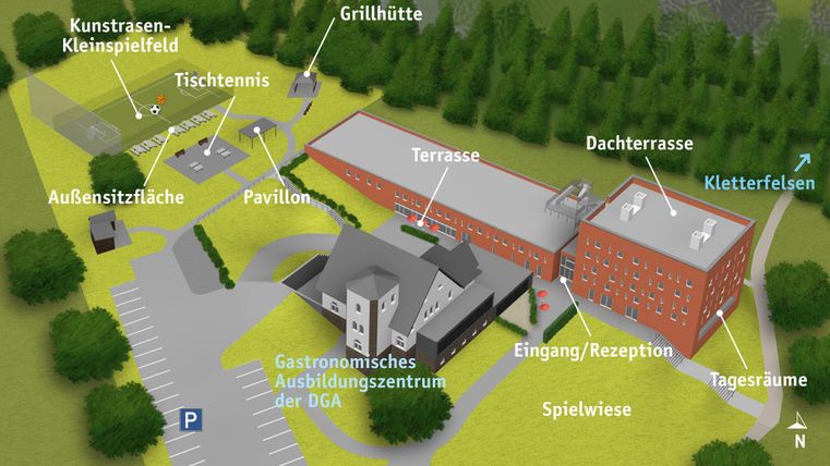 Eine Übersichtskarte eines Geländes mit verschiedenen Einrichtungen wie einem Grillplatz, Tischtennis und einem Pavillon. Das Gelände umfasst auch eine Spielwiese und einen Kletterfels.