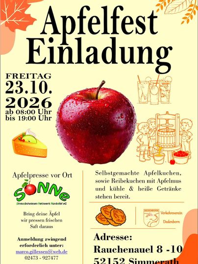 Ein einladendes Plakat für das Apfelfest mit einem großen roten Apfel in der Mitte. Es enthält Informationen über das Datum, die Aktivitäten und die Adresse.