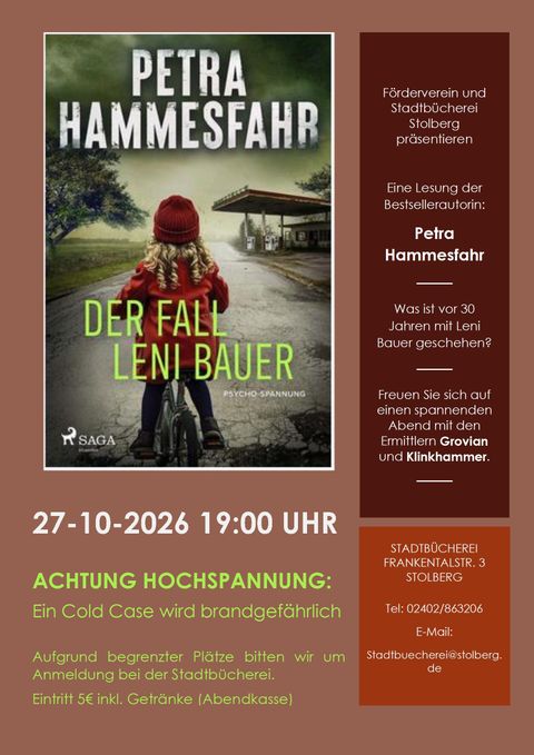 Ein Veranstaltungsplakat für eine Lesung von Petra Hammesfahr. Das Thema ist „Der Fall Leni Bauer“, und die Lesung findet am 27. Oktober 2026 um 19:00 Uhr statt.