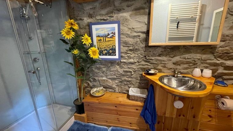 Ein modernes Badezimmer mit einer Dusche und einer Holzchenschrank. Ein Blumenstrauß, ein Spiegel und einige dekorative Elemente verleihen dem Raum eine einladende Atmosphäre.