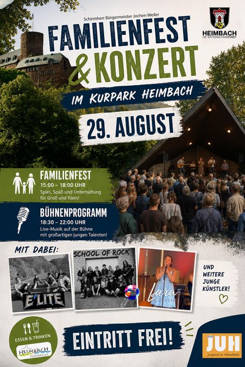 Ein Plakat für ein Familienfest und Konzert im Kurpark Heimbach. Das Event findet am 29. August statt und der Eintritt ist frei.