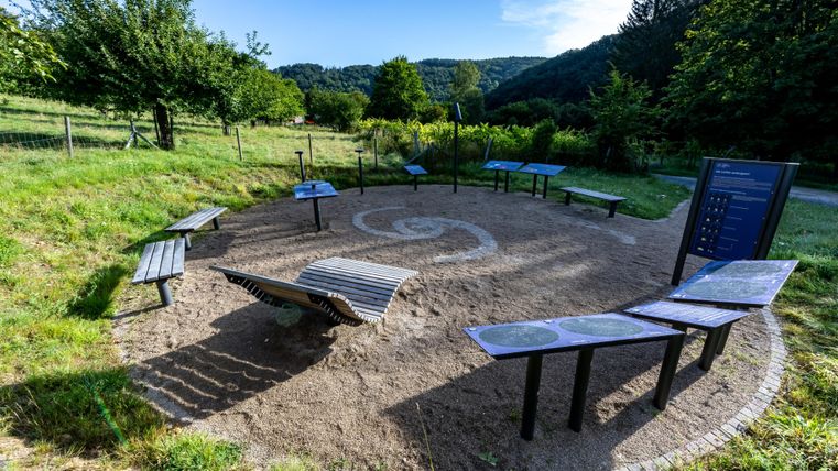 Ein kreativer Platz in der Natur mit mehreren Bänken und Informationstafeln. Umgeben von Bäumen und sanften Hügeln.