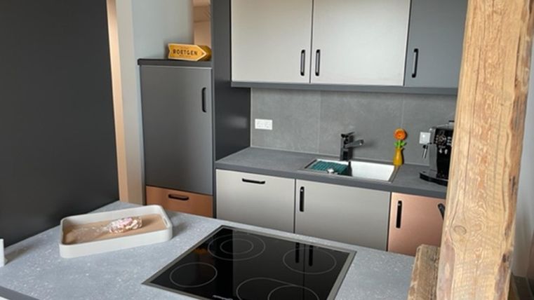 Eine moderne Küche mit einem Kochfeld, einer Spüle und einem Kühlschrank. Die Wände sind in neutralen Farben gehalten, und es gibt Holzdetails im Raum.
