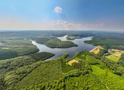 Zwei Wanderer gehen einen schmalen Pfad entlang eines Baches im Wald. Die Sonne scheint und um sie herum sind grüne Bäume und trockenes Laub.